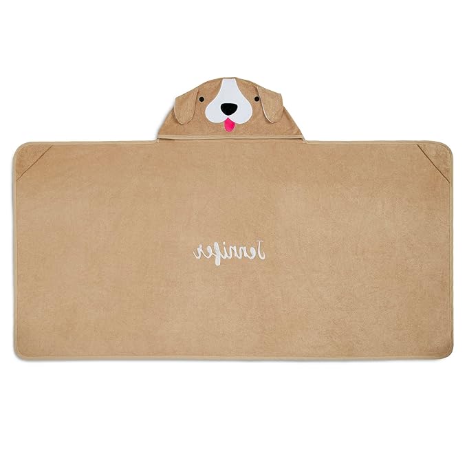 Delta Children Personalized Kids Hooded Bath Towel with Pockets - Super Soft and Absorbent- Great Gift for Boys and Girls, Tan Dog