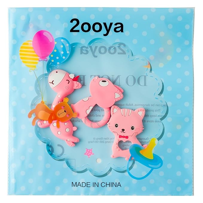 Valentine Silicone Teether for Babies - 2ooya 3Pcs Pink Cat Fox Giraffe Infant Teething Chew Toys, Easy to Grasp Toddler Sore Gums Pain Relief Toy for Newborn Boy Girl Baby Shower Valentine's Day Gift