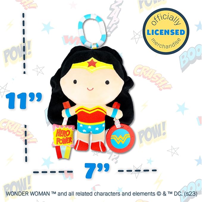 Kids Preferred DC Comics Wonder Woman Multi Sensory Activity Toy with Teethers, Crinkle Textures, and Clip for On The Go Fun for Infant and Baby Boys and Girls Medium