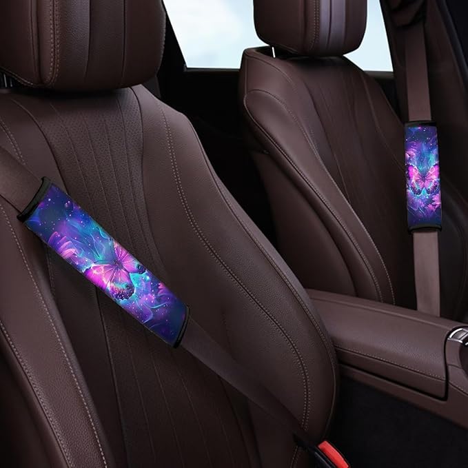 Biyejit Pink Butterfly 2Pcs Car Seat Belt Cover Shoulder Seatbelt Pads Cover, Safety Belt Strap Shoulder Pad for Adults and Children