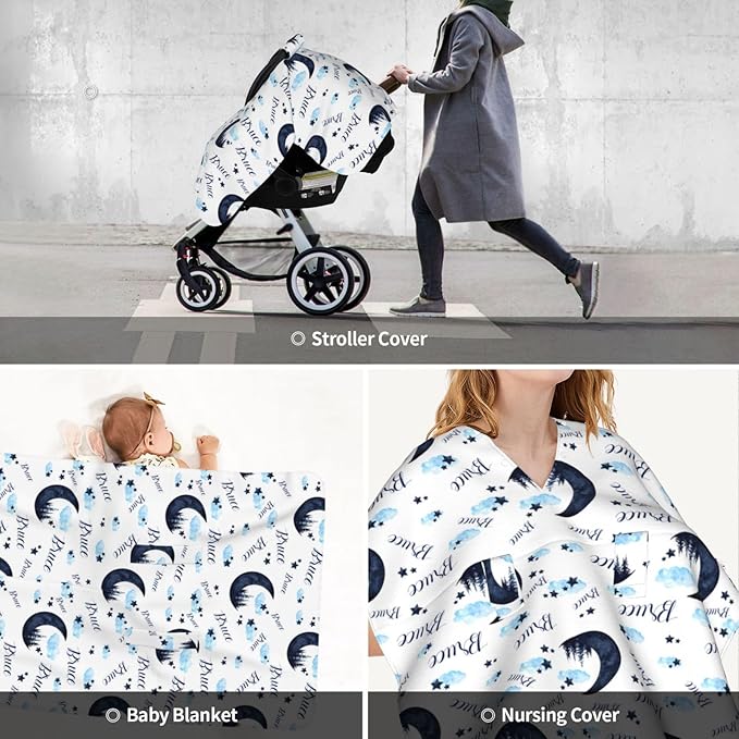 Personalized Baby Car Seat Canopy for Babies, Custom Name Baby Car Seats Covers for Boys Girls, Opening Minky Nursing Breastfeeding Cover for Infant, Carseat Canopies for Newborn (Moon Forest)