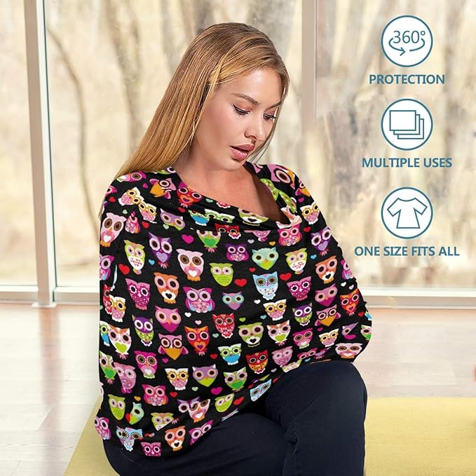 Cute Colourfull Owl Baby Car Seat Covers, Nursing Cover Breastfeeding Scarf Soft Breathable Stretchy Coverage, Infant Stroller Cover for Boys Girls