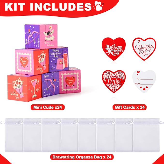 24 Pack Premium Valentine's Day Mini Cubes Set with Cards & Bags, 3x3x3 Puzzle Cubes (1.18 Inch) Heart-Themed Classroom Exchange Gifts, Valentines Gift, Bulk Party Favors, Goodie Bag Stuffers for Kids