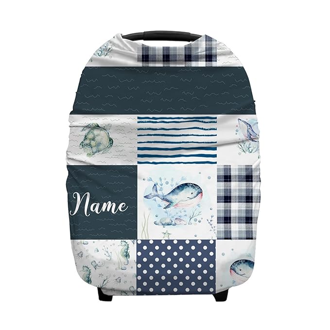 Personalized Whale Sea Life Baby Car Seat Covers with Name, Custom Nursing Cover Breastfeeding for Babies, Carseat Canopy for Boys and Girls, Infant Stroller Cover, Breathable Carseat Cover