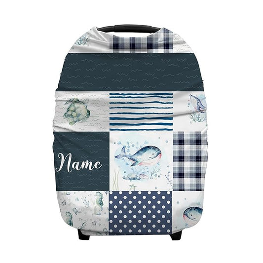 Personalized Whale Sea Life Baby Car Seat Covers with Name, Custom Nursing Cover Breastfeeding for Babies, Carseat Canopy for Boys and Girls, Infant Stroller Cover, Breathable Carseat Cover