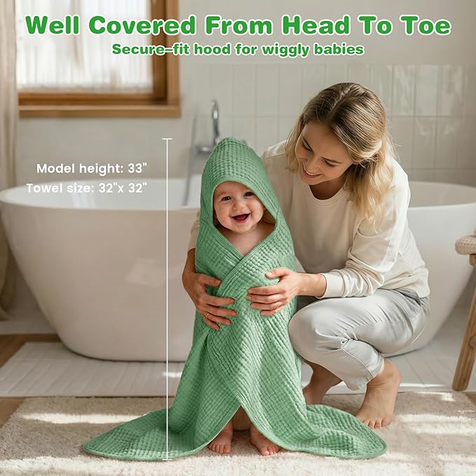 Hooded Baby Bath Towels for Newborn, 2 Pack - 6-Layer 100% Muslin Cotton, Soft Absorbent Baby Towels with Hood for Babies, Infants & Toddlers, Large 32x32 Inch Unisex Newborn Baby Bath Essentials