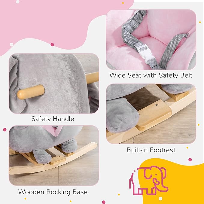 Qaba Baby Rocking Horse Elephant Rocking Chair Toddler Rocker Toy with Sound Wooden Base Seat Safety Belt for 1.5-3 Year Old, Gray