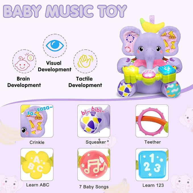 Ryotagift Baby Bilingual Musical Elephant Stuffed Animals Toys,Infant Early Learning Toy with Light-Up Music & Crinkle,Tummy Time Toys for 0 3 6 9 12+ Months for Baby Boy Girl Gift,Purple