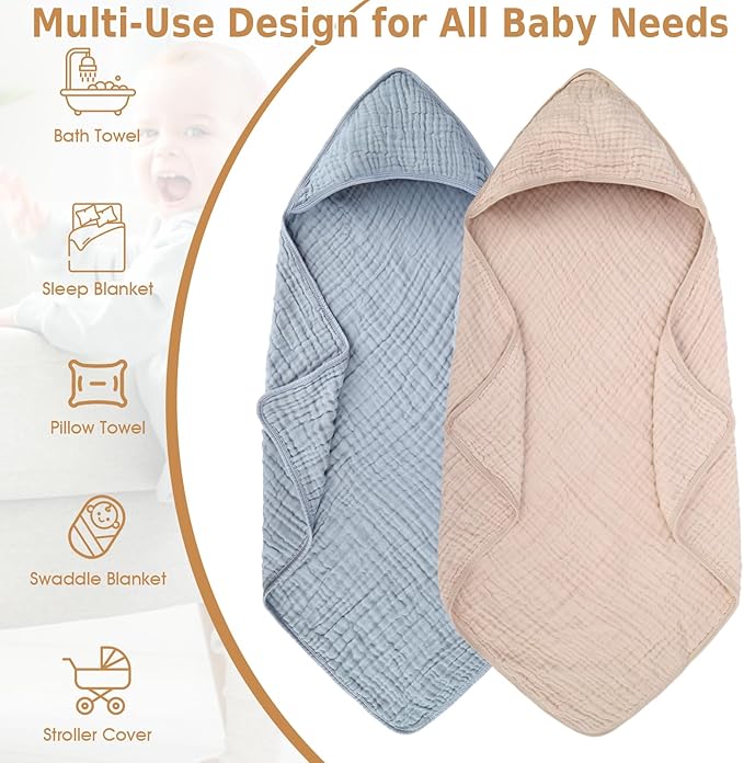 2 Pack Baby Hooded Bath Towel Muslin Cotton 32x32 Inches Brown and Misty Blue Neutral Style Elegant Colors Ultra Soft Absorbent