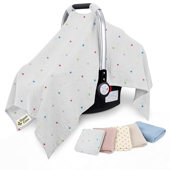 100% Organic Muslin Cotton Car Seat Cover 35 x 50 Inches Soft Touch Breathable Canopy, Protective Car Seat Cover Baby All Seasons Lightweight Car Seat Cover Travel Comfort (Multi-Color Dots)