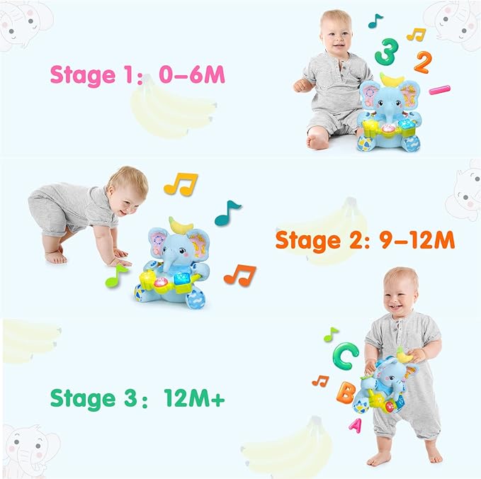 Ryotagift Baby Bilingual Musical Elephant Stuffed Animals Toys,Infant Early Learning Toy with Light-Up Music & Crinkle,Tummy Time Toys for 0 3 6 9 12+ Months for Baby Boy Girl Gift,Blue