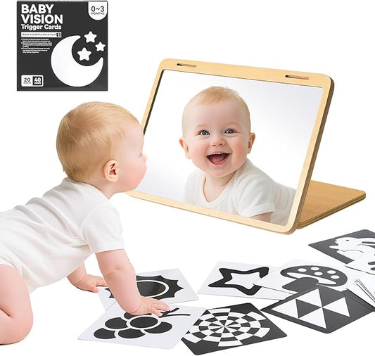 Tummy Time Mirror for Baby Montessori Baby Floor Mirror with High Contrast Black and White Cards Infant Safe Mirror Toy for Newborn