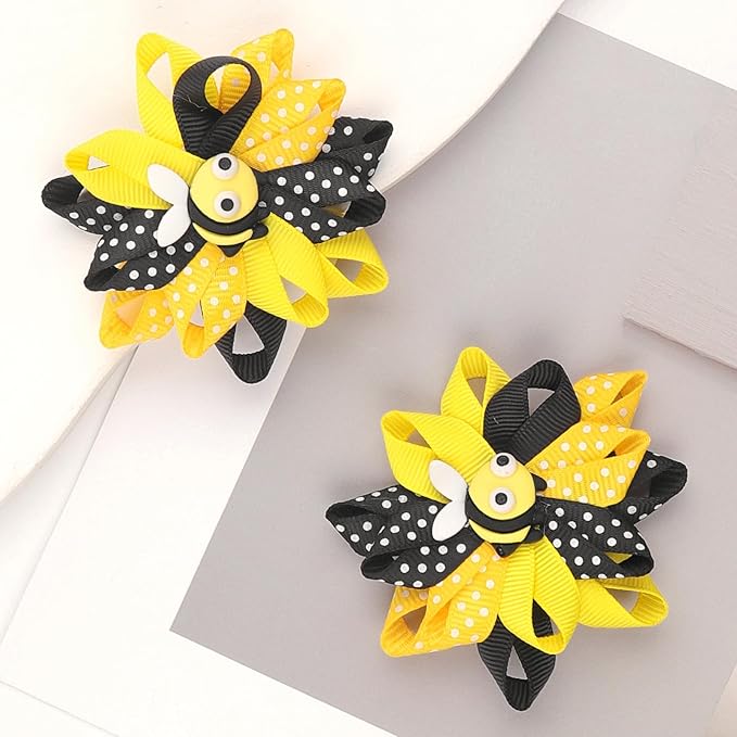 Bee Bow Hair Clips Cute Bee Hair Bows Hair Barrettes Honeybee Yellow Black Polka Dot Bows Hair Pins Spring Hair Accessories for Girls Toddlers Teens Animal Themed Birthday Party Supplies 2PCS