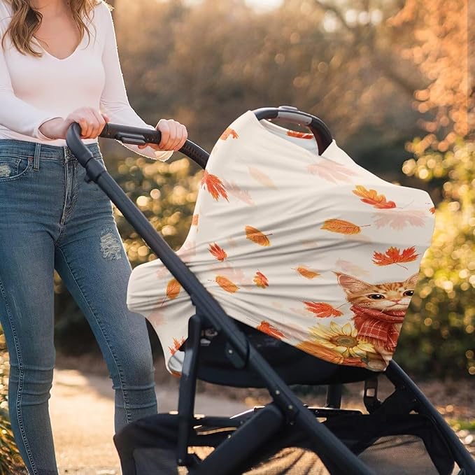 AFPANQZ Maple Cat Nursing Cover Breastfeeding Covers Stretchy Babies Car Seat Cover Gender Neutral Soft Breathable Infant Carseat Canopy Shopping Cart Stroller Canopy for Baby