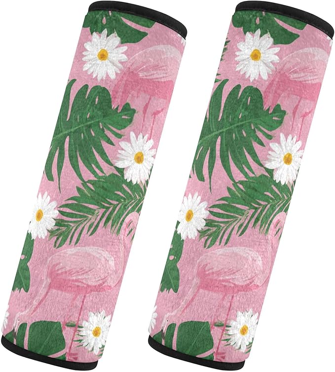 2 Pack Seatbelt Covers Seat Belt Cover Pad for Adults Boys Girls Car Seat Strap Covers Pads Cushion Universal Shoulder Strap Pad Protector for Backpack Camera Bag 6.5 Inch Cute Pink Daisy Flamingos