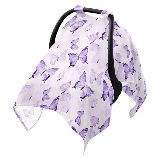 Purple Butterflies Infant Car Seat Cover Baby Stroller Carseat Covers Canopy Girls Boys Muslin Breathable Soft Lightweight Sun Shade Universal Fit