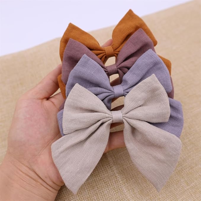 4 PCS Sailor Bow Hair Clips for Kids Girls Women Linen cotton Hair Bow Alligator Clips Baby Toddler Girl Mom Hair Accessories (Beige/Gold)