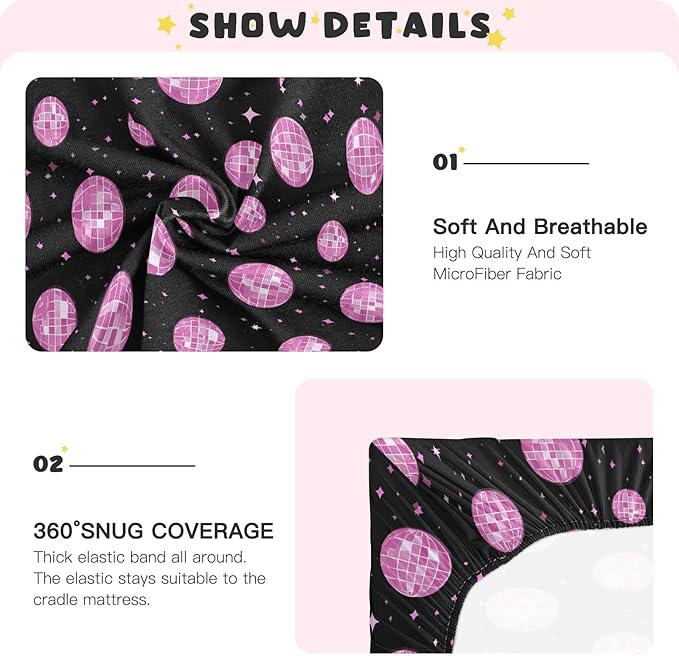 Baby Crib Sheet Pink Groovy Disco Ball Crib Mattress for Boys and Girls Playard Sheet Soft Breathable Fitted Baby Mattress Cover 52x28in