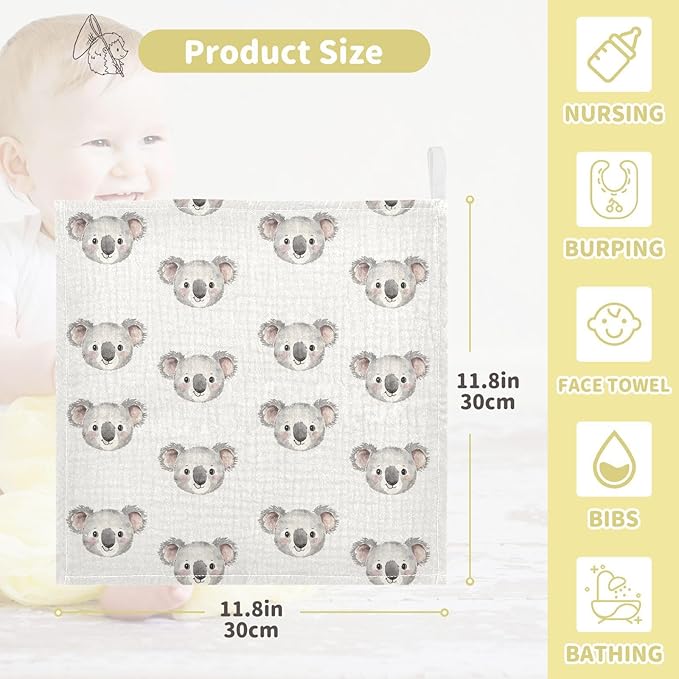 vvfelixl Baby Muslin Washcloths Cartoon Koala Bear Face Baby Burp Cloths Cotton Babys Face Towel for Newborn Infants Boys Girls Soft and Absorbent 11.8 X 11.8 in, 3 Pack
