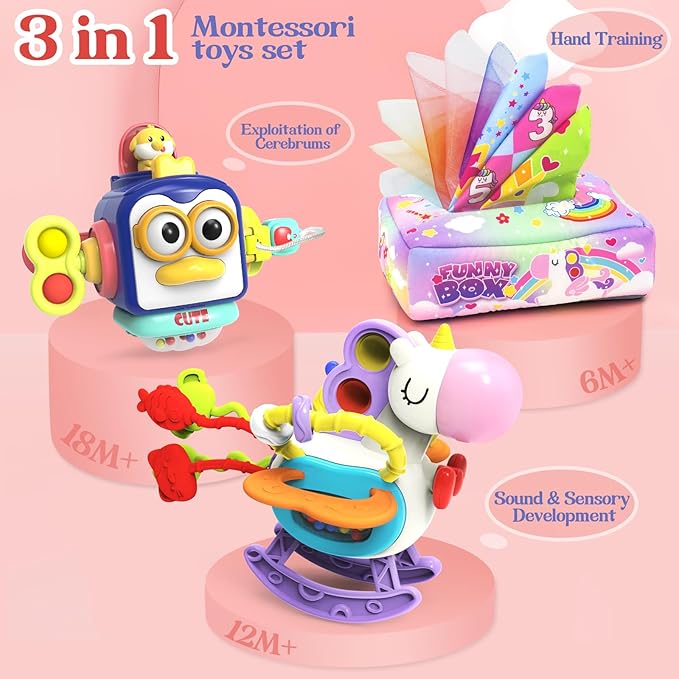 Babies Toys for 12 Months,Sensory Toys for Toddlers 1-3, 3 in 1 Activities Busy Cube,Pull String Teether and Baby Tissue Box Toy,Infant Toddlers Toy Gifts for 1 2 3 Year Old Boys Girls