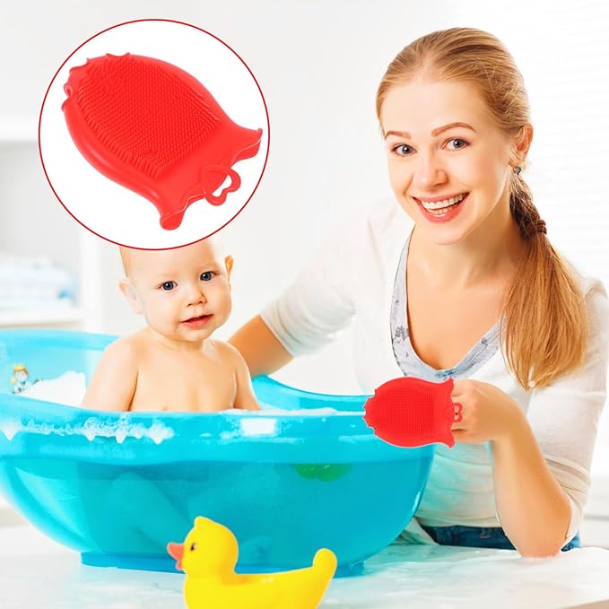 FRCOLOR Baby Head Scrubber Soft Silicone Baby Bath Scalp Brush Massage Flower Shape Cap Essential for Dry Brush Skin Scrubbers Red