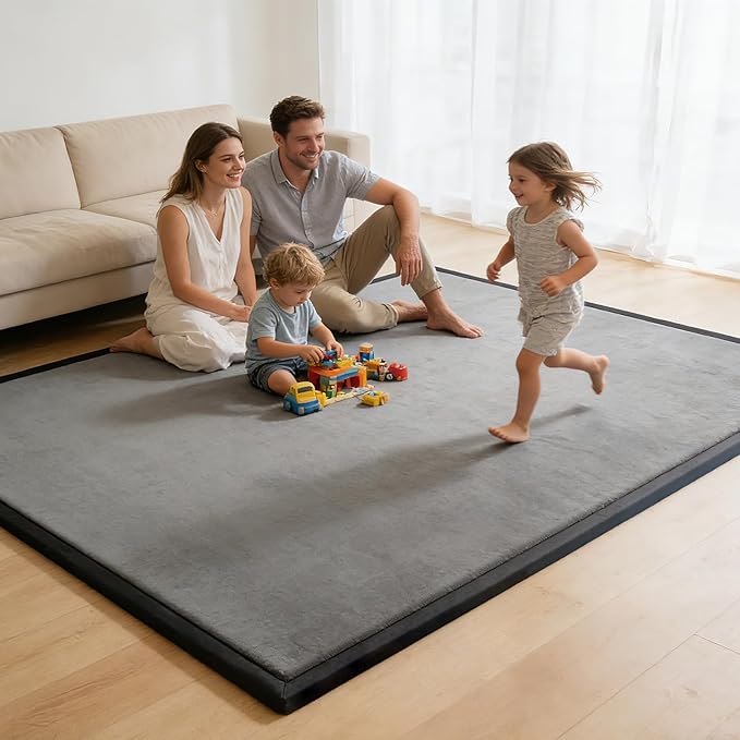 Baby Play Mat for Floor, 1.3 Inch Thick Memory Foam Tummy Time Mat with Non Slip Backing, Soft Coral Velvet 59X71 Inch Playpen Mat Crawling Tatami for Infants Toddlers Kids, Dark Gray