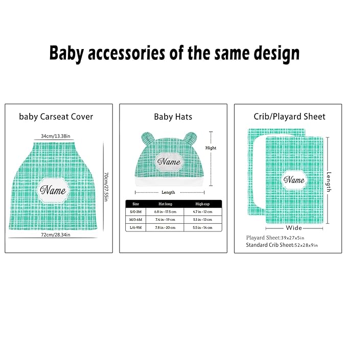 Personalized Name Car Seat Covers for Babies, Customized Baby Carseat Cover, Infant Carrier Cover Stroller Canopy, Nursing Cover Breastfeeding Scarf for Newborn Boys Girls, Green Plaid