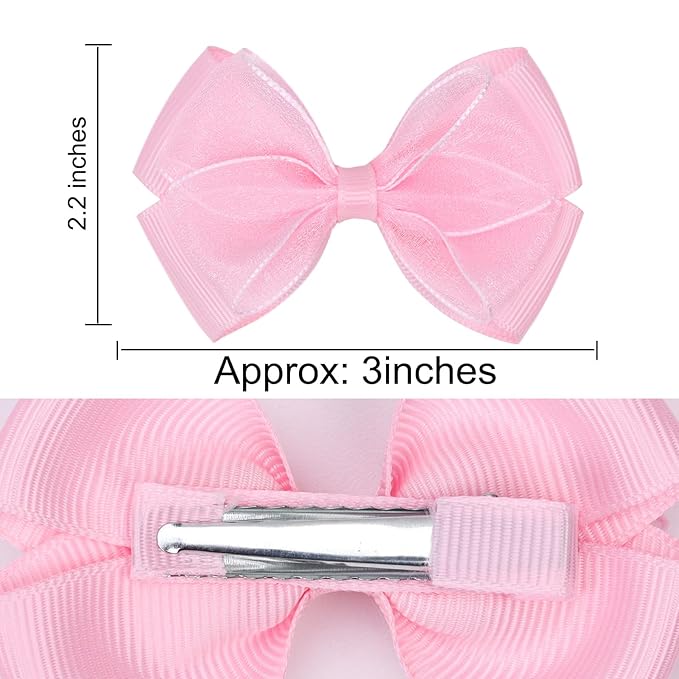Tiny 3 Inch Organza Double Hair Bow Clips - Lined Boutique Alligator Hairpin for Baby Girls, Toddlers, and Little Teens - Kids Barrettes Set of 2 Small Stylish (Light Pink)