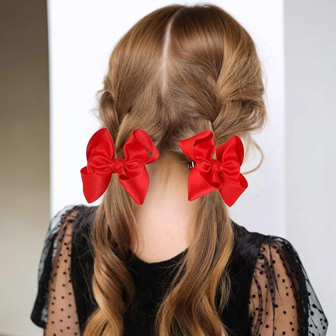OAOLEER 2PCS 3.5inch Hair Bows for Girls，Red Stain Ribbon Hair Bows Alligator Clips Hair Accessories for Back To School Teen Toddler Girls Kids (Red)