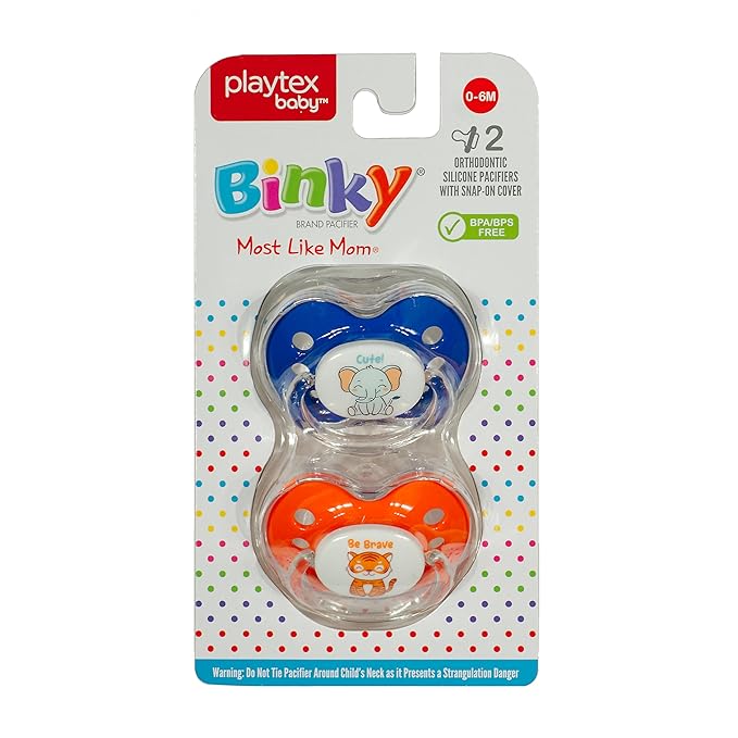 Playtex Baby Binky Orthodontic Pacifier with Snap-On Cover, Air Comfort Shield, Medical Grade Silicone, Up to 6 Months, Blue & Orange (2 Count)