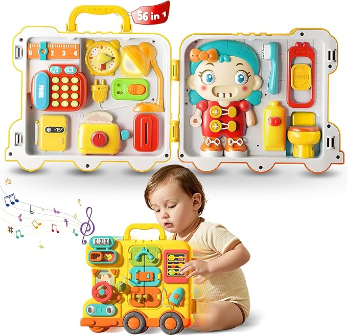 Busy Board for Toddlers 1-3, Montessori Travel Activity Toys with Music, Portable Toddler Activity Board to Develop Fine Motor Skills, Educational Toys for 1 Year Old Boys Girls