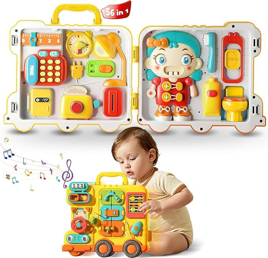 Busy Board for Toddlers 1-3, Montessori Travel Activity Toys with Music, Portable Toddler Activity Board to Develop Fine Motor Skills, Educational Toys for 1 Year Old Boys Girls