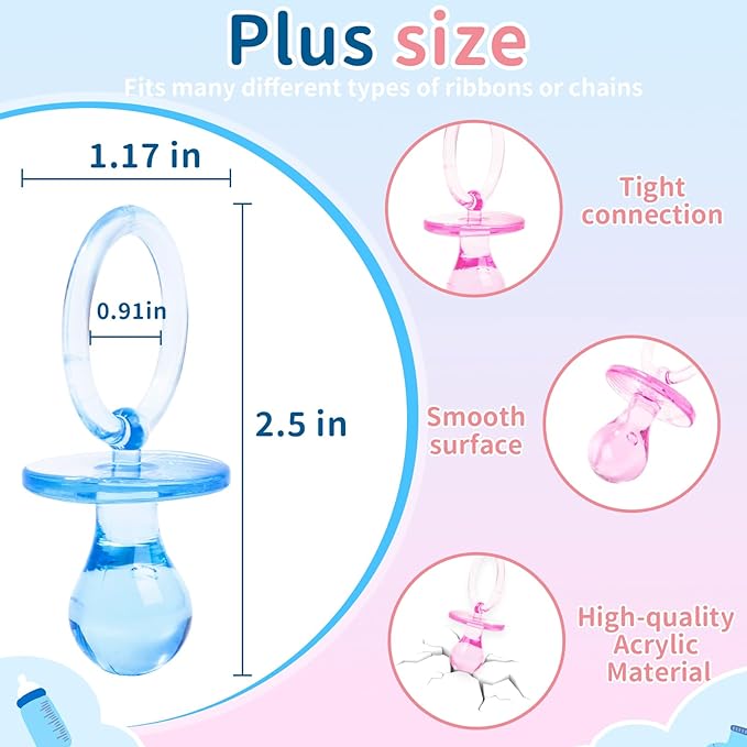 36 Pieces Acrylic Pacifiers for Baby Shower Games Boy Girl, 2.5'' Baby Shower Pacifiers, Bulk Pacifier for Hunt Games, Gender Reveal Table Scatter, Party Favors Decoration(Blue&Pink)