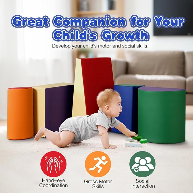 JungleDove 5-Piece Soft Play Climbing Blocks for Toddlers - High-Density Foam Kids Indoor Climber - Waterproof PU Leather Baby Gym Mats for Toddler Playroom & Daycare (Classic Color)
