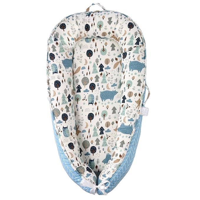 Baby Lounger - Baby Lounger for Newborn, 0-24 Months, Reversible Adjustable Newborn Lounger Baby Nest for Home and Travel, 100% Organic Cotton Washable Infant Lounger Cover, Essential Baby Gift (Blue)