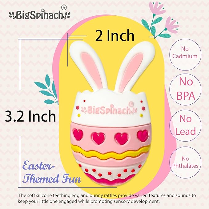 BIGSPINACH Easter Egg Baby Teether,Baby Teething Toy for Pain Relief,Silicone Bunny Rabbit Teether,Easter Gift for Babies,Sensory Toy for Boys & Girl (Pink)