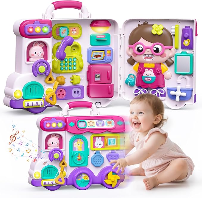 54-in-1 English & Spanish Musical Busy Board Montessori Toys, Early Educational Montessori Toy for 1 2 Year Old Girl, Bilingual Learning Toy Gifts for 1+ Year Old Girl