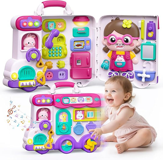 54-in-1 English & Spanish Musical Busy Board Montessori Toys, Early Educational Montessori Toy for 1 2 Year Old Girl, Bilingual Learning Toy Gifts for 1+ Year Old Girl