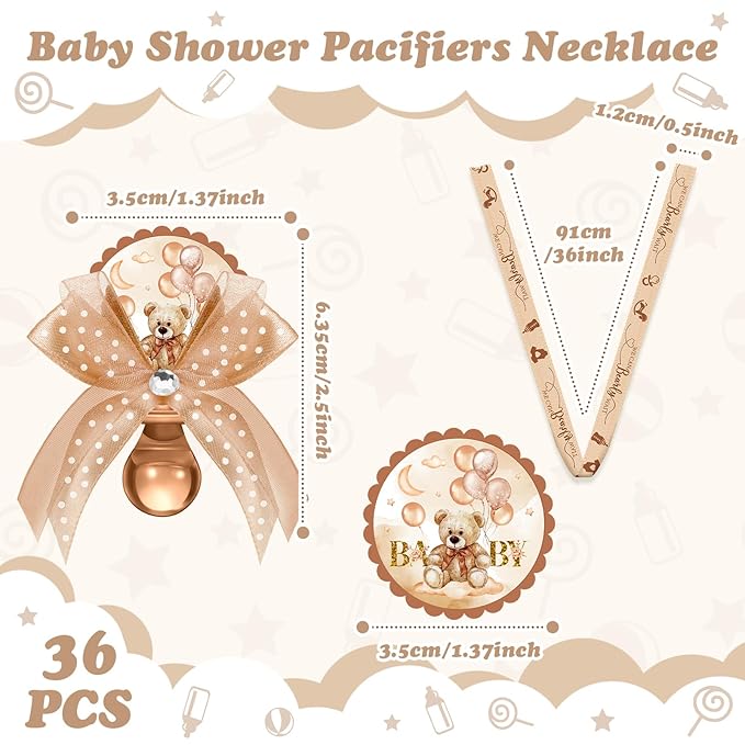 Hotop 36 Pcs Baby Shower Pacifier Necklace Bulk Bear Acrylic Pacifier Necklace for Baby Shower Charm Necklaces Party Favors for Girls Boys Gender Reveal Decoration Table Pieces(Champagne,Girl)