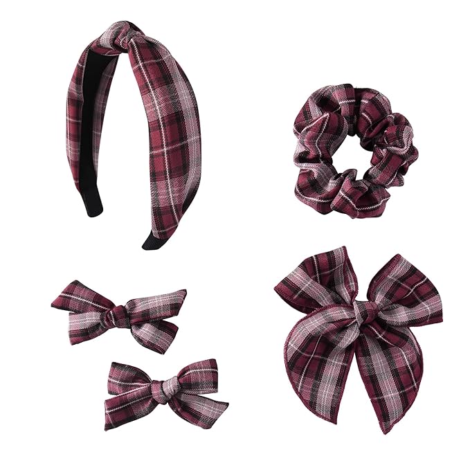 5 Pcs Striped Headband Set with Hair Knotted Scrunchies Bow, Padded Headbands for Women, Christmas Hair Bows & Clips Accessories for Girls (Red-A)