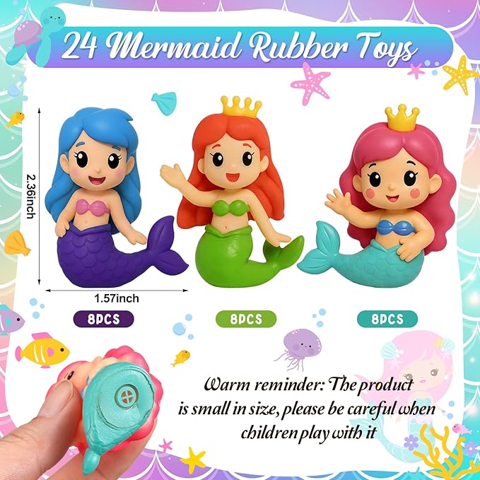 Leyndo 24 Pcs Rubber Mermaid Decoration 2.36 inch Small Squeaky Mermaid Toy for Fish Tank Dashboard Fairy Garden Dollhouse Aquarium Bathtub Home Decor Gifts Party Favors