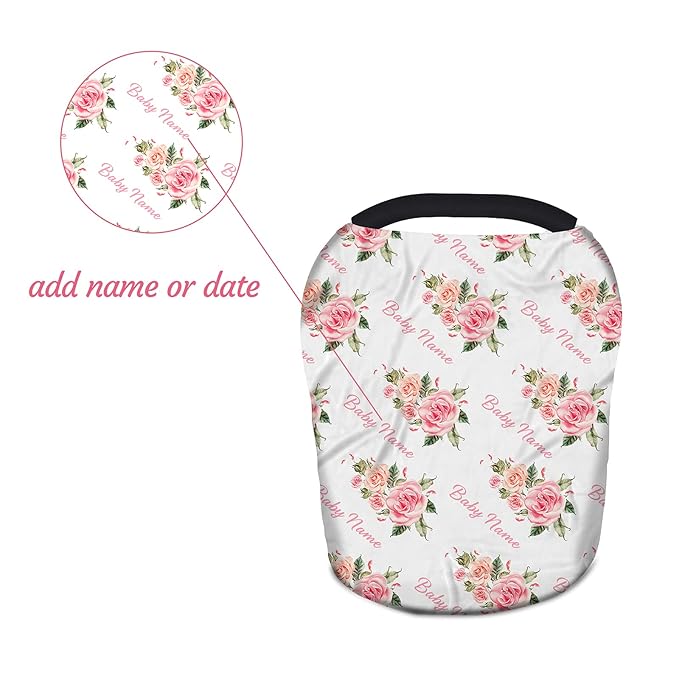 Rose Flower Personalized Baby Car Seat Covers with Name, Custom Nursing Cover Breastfeeding Scarf Soft Breathable Stretchy Coverage, Infant Stroller Cover for Boys Girls