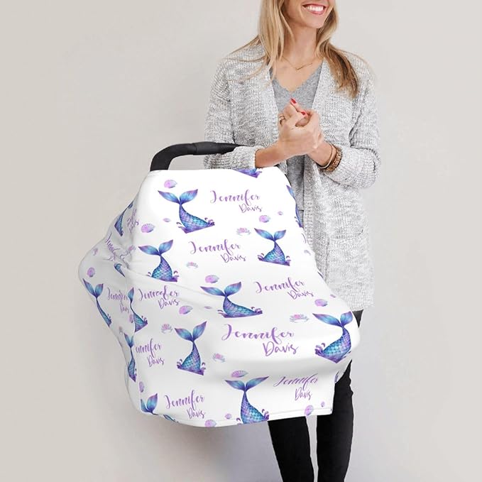 Personalized Baby Car Seat Cover for Girls, Custom Mermaid Nursing Covers for Breastfeeding with Name, Infant Stroller Cover, Baby Carseat Canopy for Newborn, Multiuse Car Seat Canopies