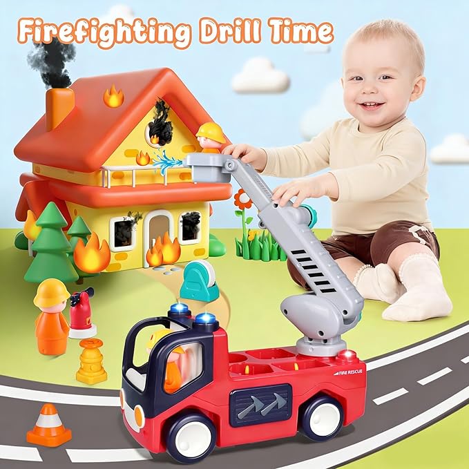 Yunaking Fire Truck Toys for 2 Year Old Boys Girls Montessori Early Educational Learning Toy with Firefighting Tools Baby Push Cars for 2 3 Year Old Boy Birthday Gifts with Sound Lights Effect