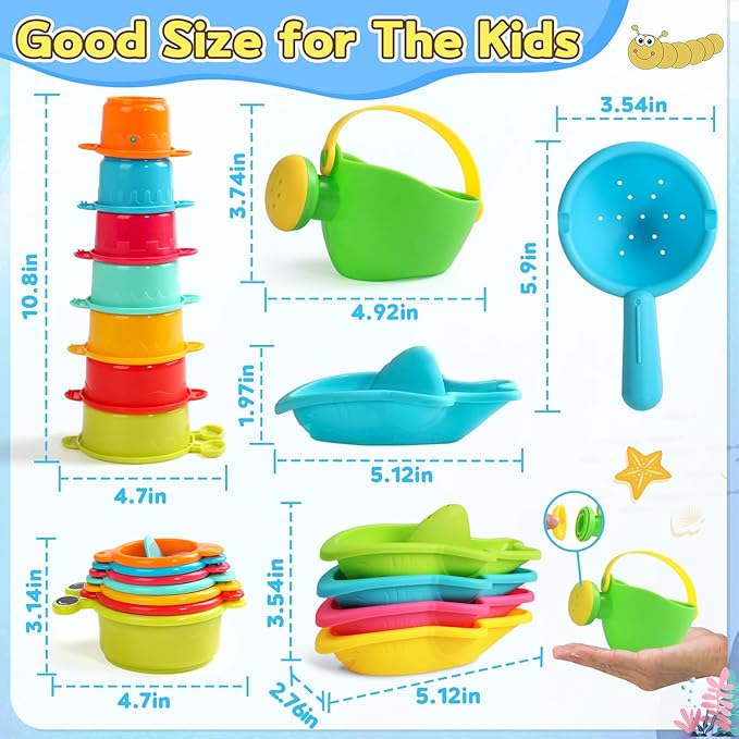 Zeewoo Baby Bath Toys for Kids Ages 1-3 Toddler Bath Toys Mold Free Bathtub Toys for 12+ Months Pool Water Table Beach Sand Toys Stacking Cups Floating Boats for 1+ Years Old Girls Boys Gifts 13 PCS