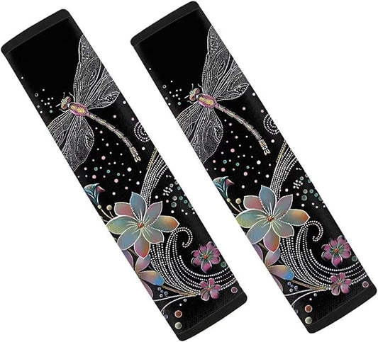 Biyejit Car Seat Belt Pads Cover for Women, Soft Comfort Seat Belt Cushion Shoulder Backpack Straps for Adults Girls 2 Packs, Retro Dragonfly Flower