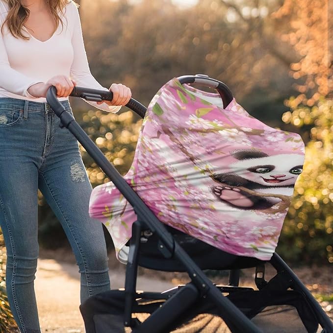 Biyejit Cherry Blossom Panda Baby Car Seat Cover, Infant Carseat Canopy, Nursing Breastfeeding Cover, Stretchy Carrier Covers for Stroller/Shopping Cart, Newborn Registry & Shower Gift for Boys Girls