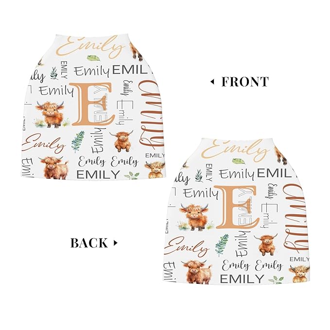 Personalized Car Seat Covers with Name, Highland Cow Baby Canopy Carrier Cover, Breathable Breastfeeding Nursing Cover, Stretchy Multi-Use Infant Carseat Stroller Cover