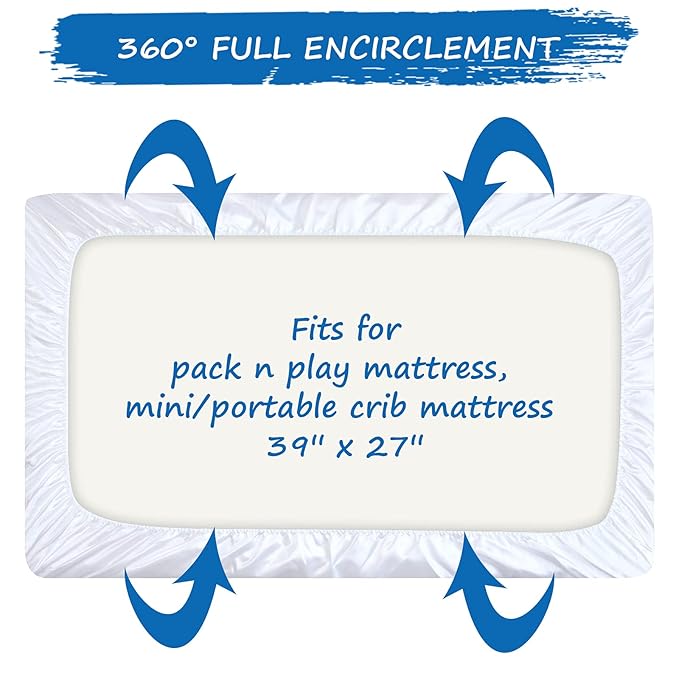 Satin Pack and Play Sheet Fitted, Soft & Silky Portable Playard/Mini Crib Sheets Mattress Cover for Boys and Girls, Compatible with Graco Pack n Play for Baby Hair and Skin, White