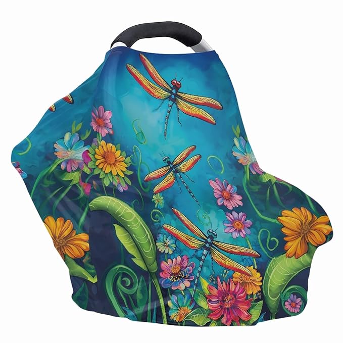 Dragonfly Flower Print Car Seat Canopy for Girls,Lovely Soft Nursing Cover Trendy Design Washable Breastfeeding Scarf for Family Friend